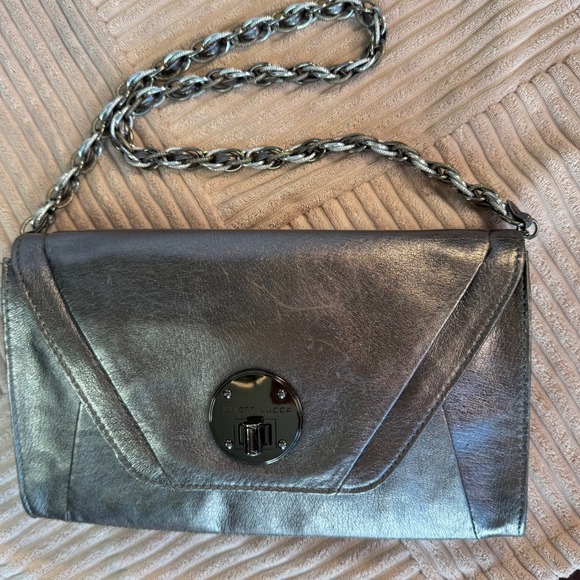 Elliott Lucca Metallic Silver Pewter Leather Envelope Chain Shoulder Bag - Picture 3 of 11